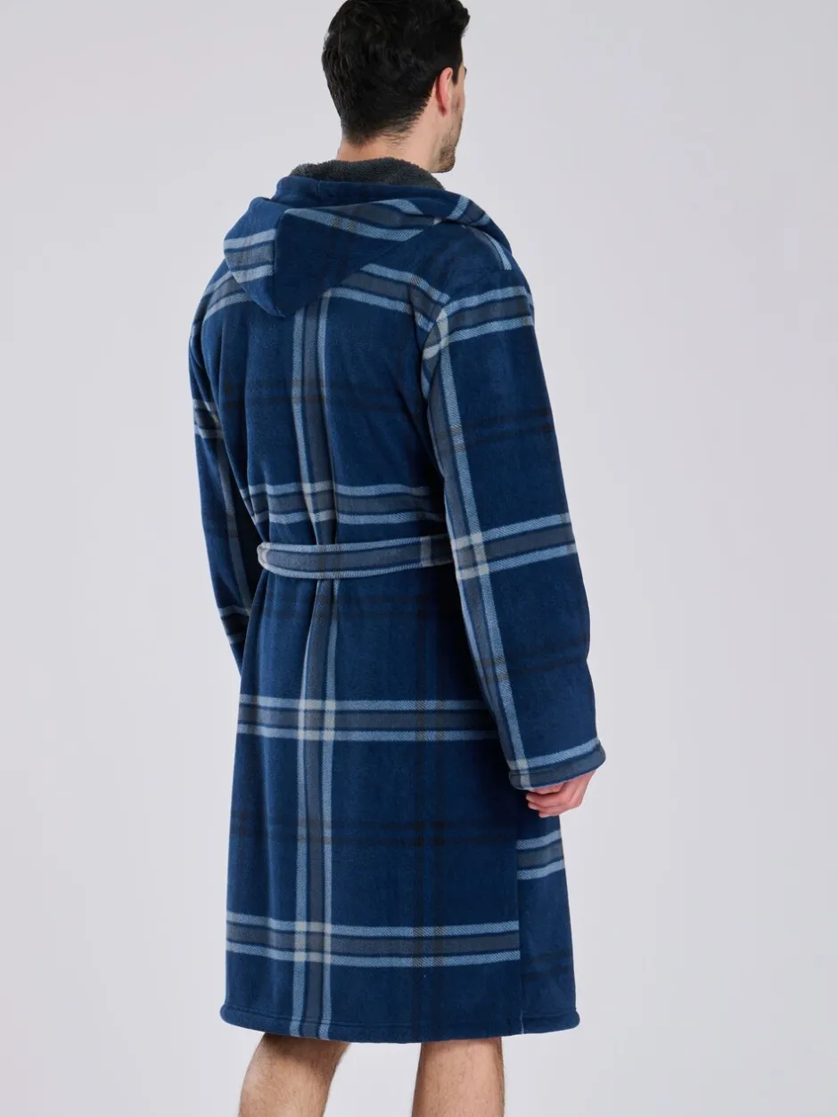 Kamerjassen En Badjassen|Loungeable - Ruit bonded fleece gevoerde kamerjas met capuchon Blauw