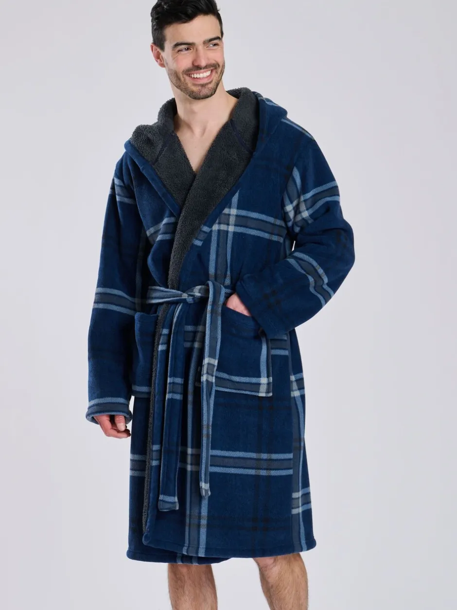 Kamerjassen En Badjassen|Loungeable - Ruit bonded fleece gevoerde kamerjas met capuchon Blauw