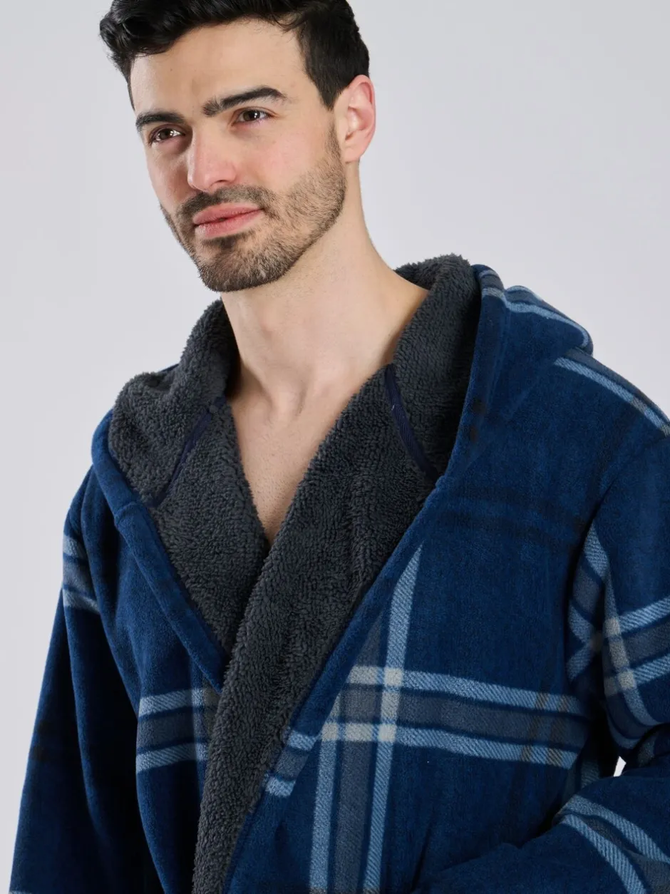 Kamerjassen En Badjassen|Loungeable - Ruit bonded fleece gevoerde kamerjas met capuchon Blauw