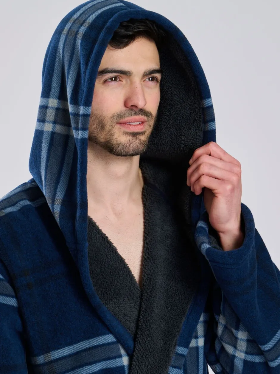Kamerjassen En Badjassen|Loungeable - Ruit bonded fleece gevoerde kamerjas met capuchon Blauw