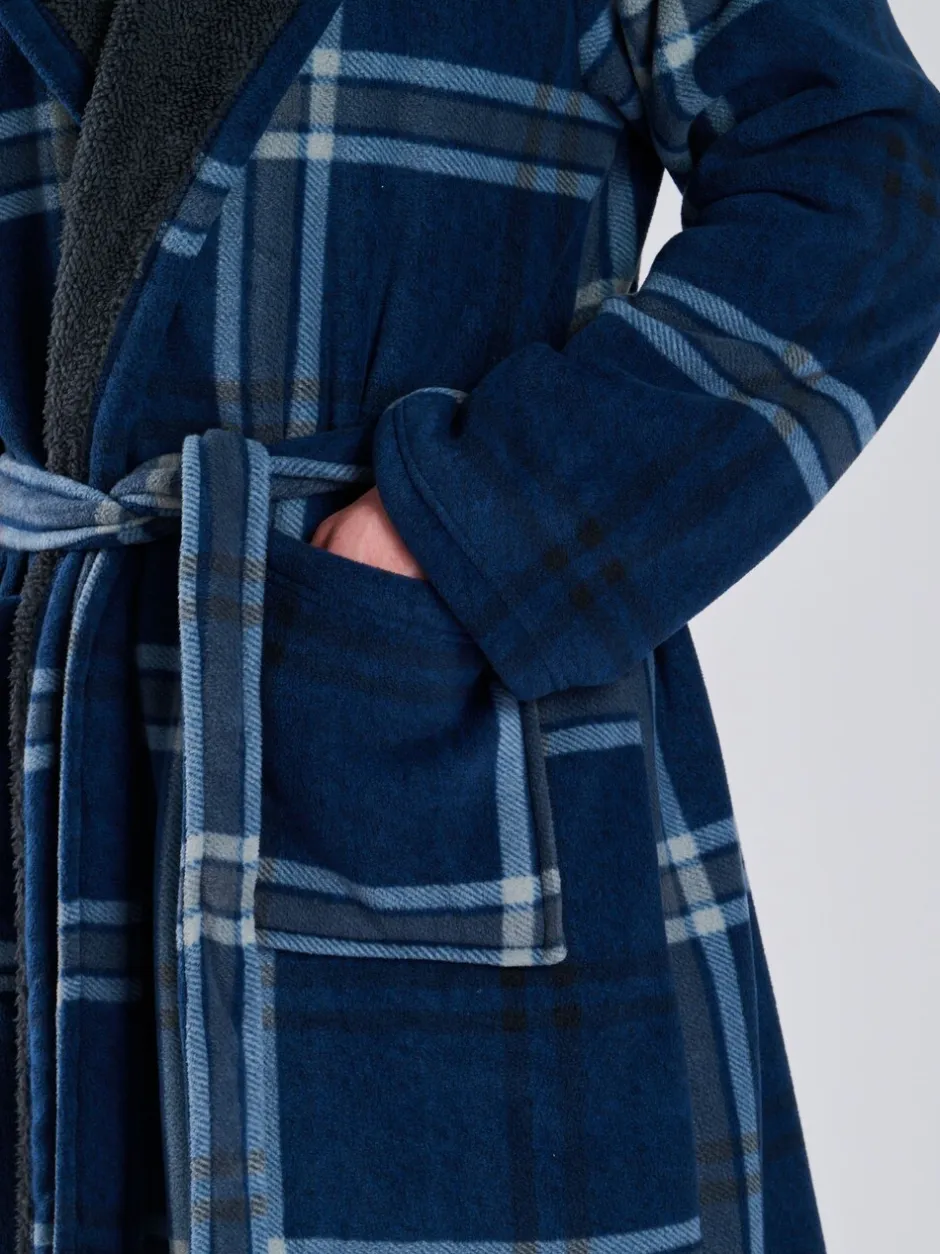 Kamerjassen En Badjassen|Loungeable - Ruit bonded fleece gevoerde kamerjas met capuchon Blauw