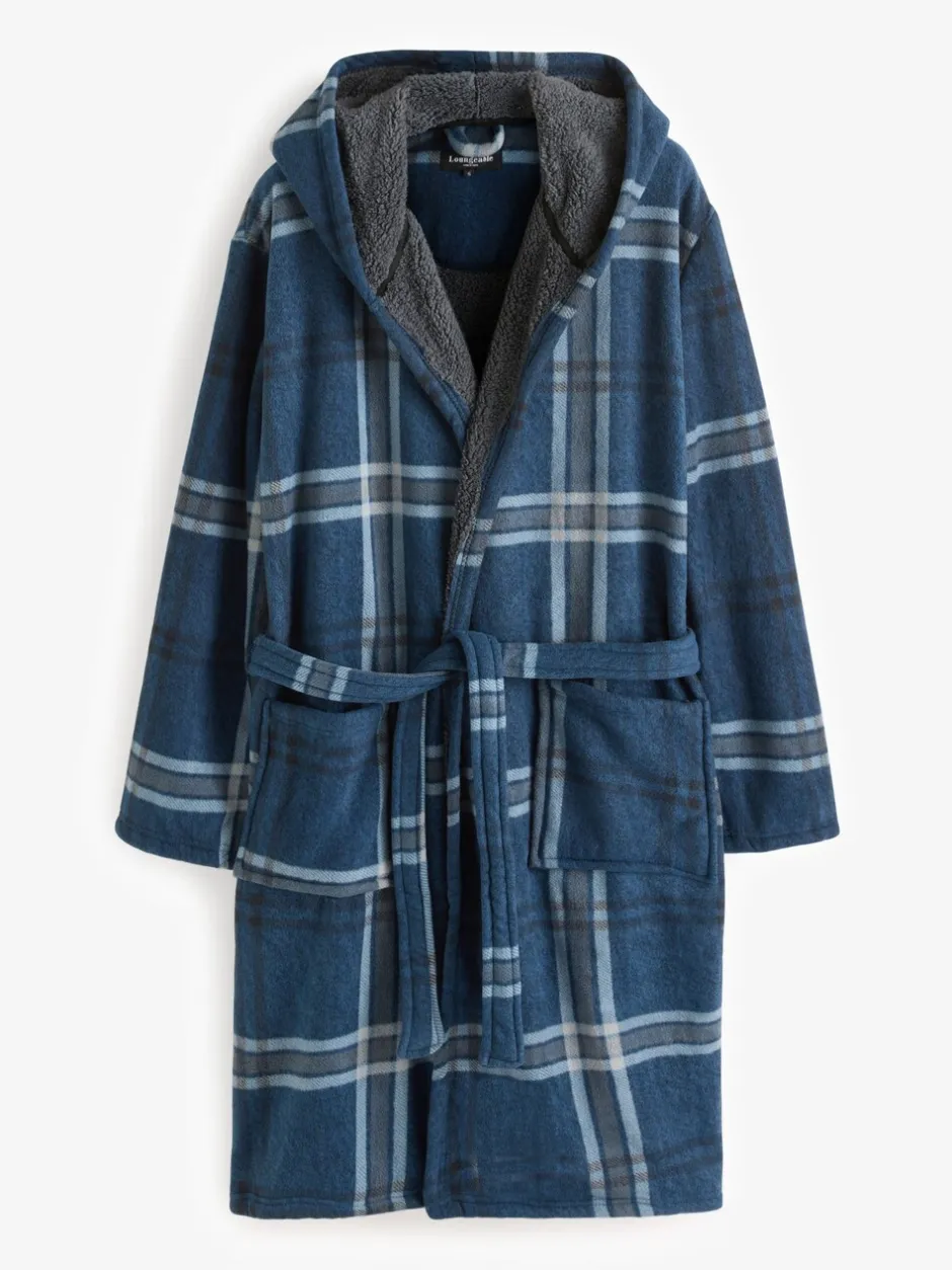 Kamerjassen En Badjassen|Loungeable - Ruit bonded fleece gevoerde kamerjas met capuchon Blauw