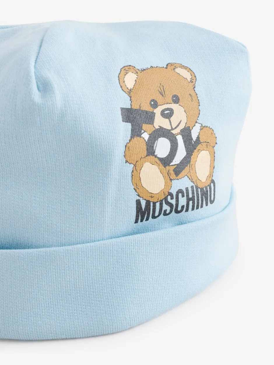 Slabbetjes|Moschino - Baby Logo Sleepsuit, Hat & Bib Giftset With Giftbox Blauw