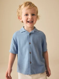 Shirts*Next - Overhemd van linnenmix met korte mouwen en reverskraag (3mnd-7jr) Blauw
