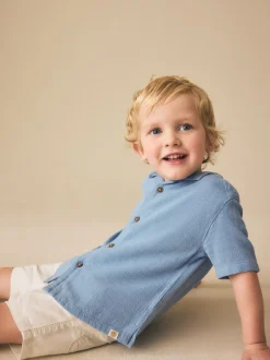 Shirts*Next - Overhemd van linnenmix met korte mouwen en reverskraag (3mnd-7jr) Blauw