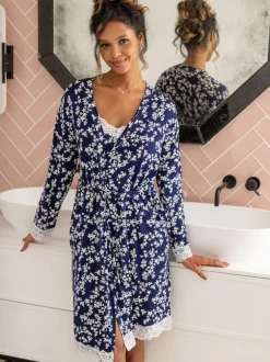 Badjassen|Pour Moi - - Sofa Loves Lace - Jersey kamerjas met overslag Blauw