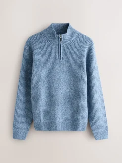 Gebreide Kleding*Next - Regular-fit gebreide trui met textuur en kwartrits bij de hals en wol Blauw
