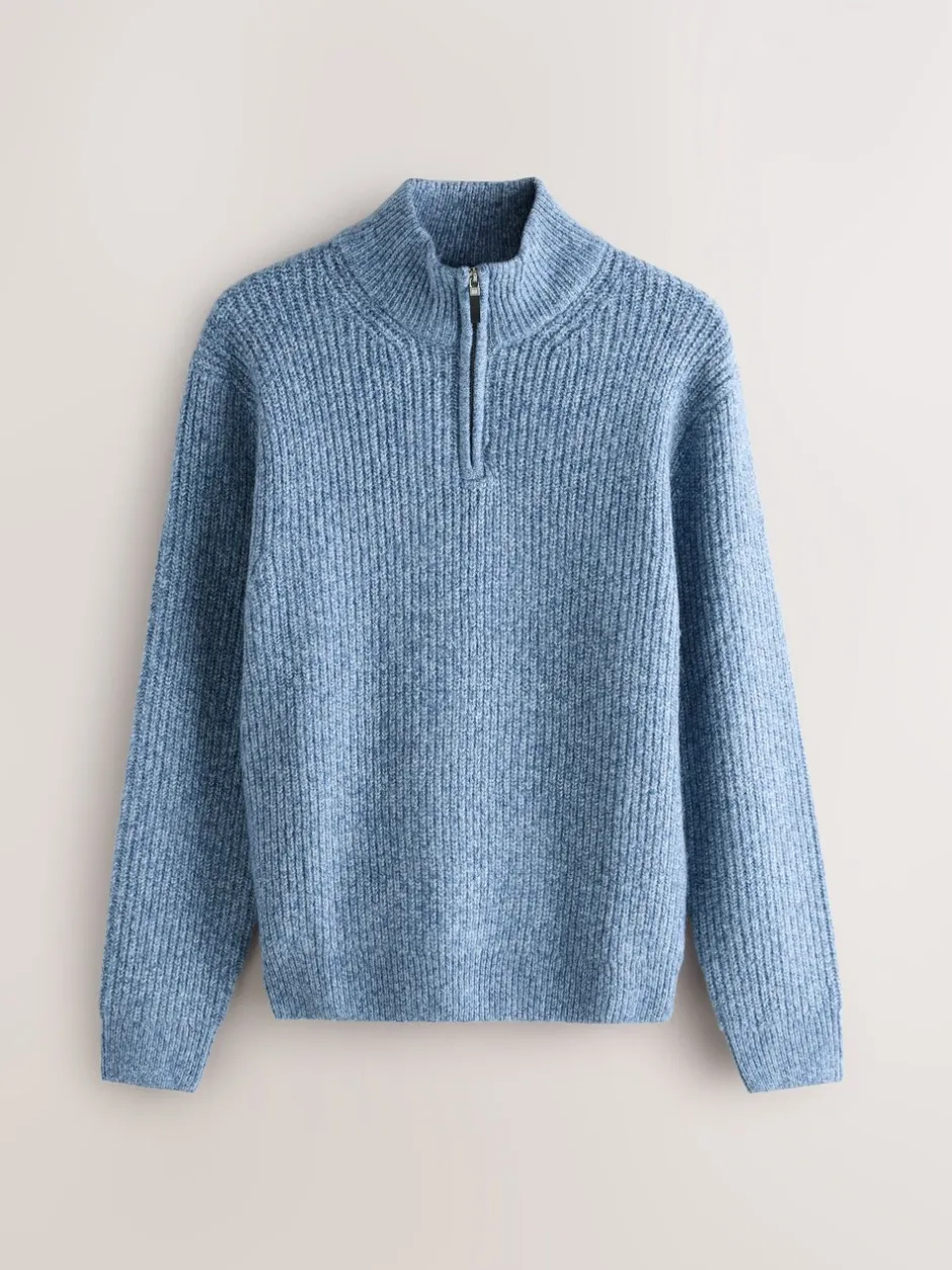 Gebreide Kleding*Next - Regular-fit gebreide trui met textuur en kwartrits bij de hals en wol Blauw