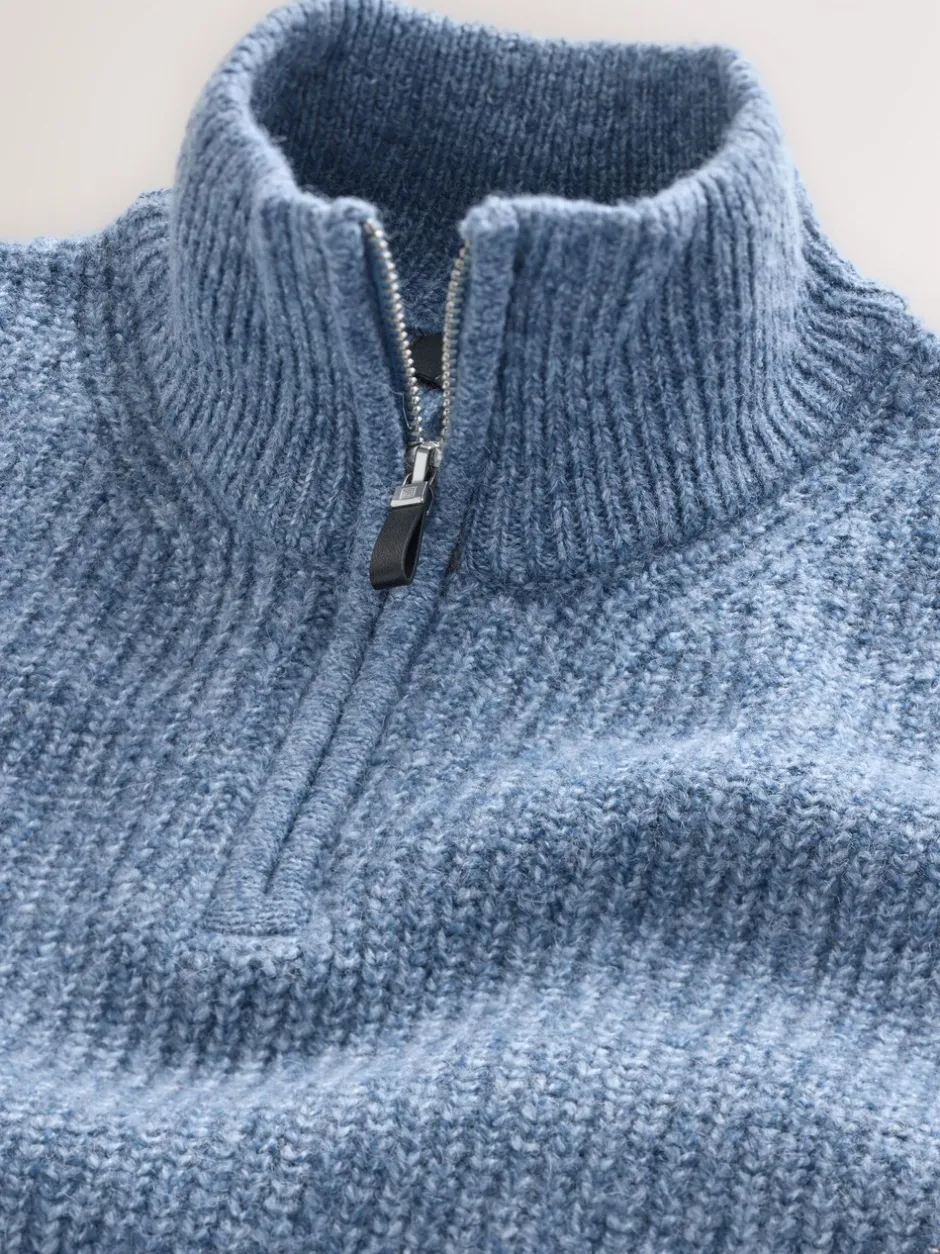 Gebreide Kleding*Next - Regular-fit gebreide trui met textuur en kwartrits bij de hals en wol Blauw