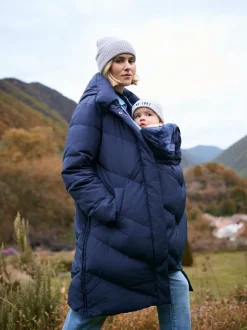 Jassen En Jacks|Moederschap|Seraphine - Lange Chevron 3 in 1 zwangerschaps- & draagjas met donsvulling Blauw