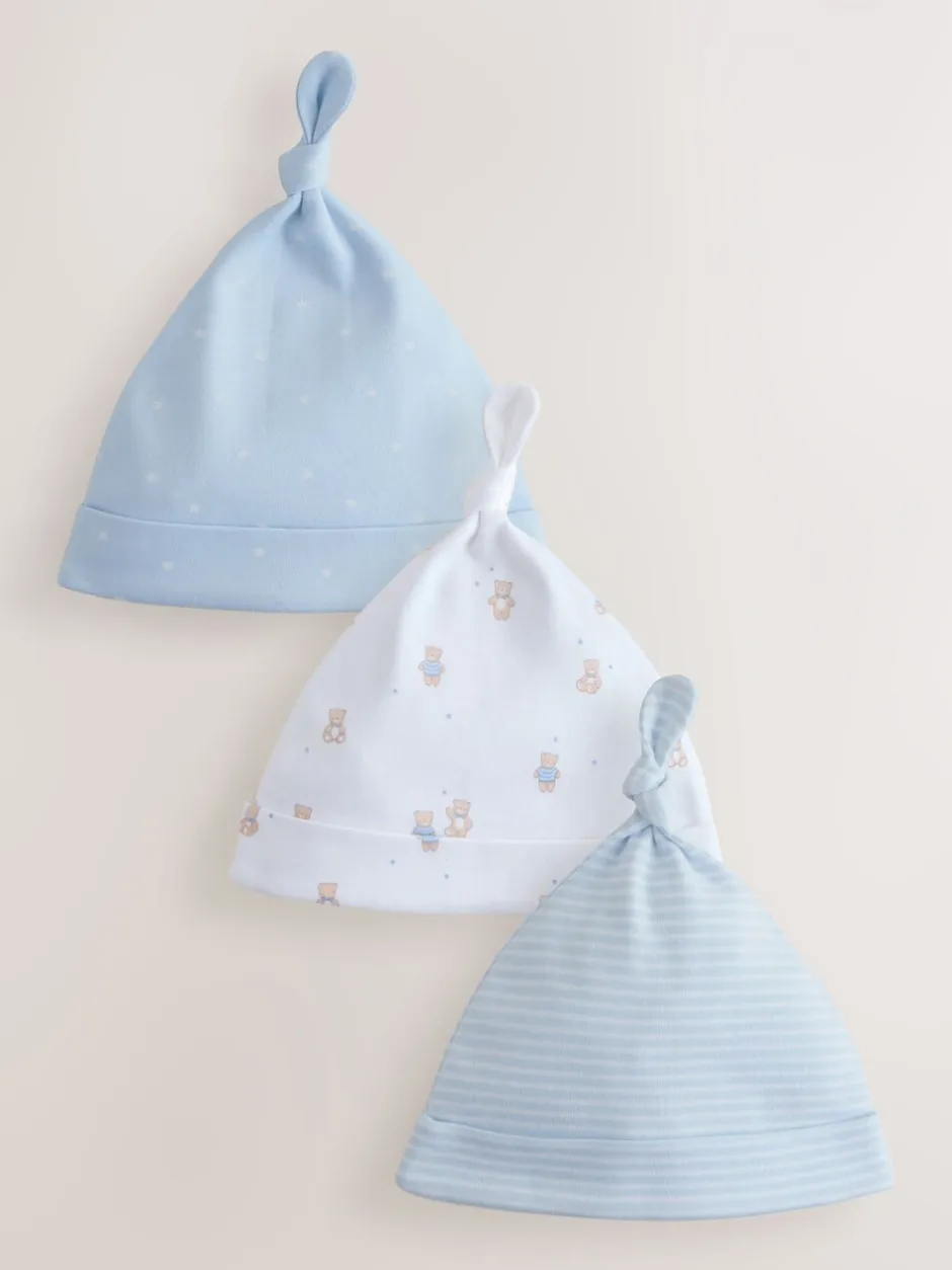 Mutsjes En Antikrabwantjes|Mutsen, Handschoenen En Sjaals|Next Blauw - Set van 3 babymutsen met gestrikte bovenkant (0-12mnd)