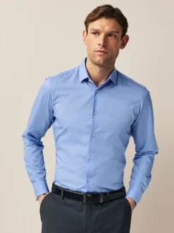 Formele Overhemden|Shirts|Next - Slim Fit - Eenvoudig te strijken slim fit overhemd met textuur en dubbele manchetten Blauw