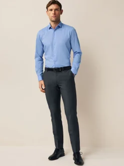 Formele Overhemden|Shirts|Next - Slim Fit - Eenvoudig te strijken slim fit overhemd met textuur en dubbele manchetten Blauw