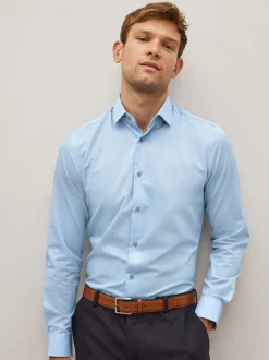 Formele Overhemden|Shirts*Next Blauw - Slim Fit - Onderhoudsvriendelijk, getextureerd, slim fit overhemd met enkele manchet