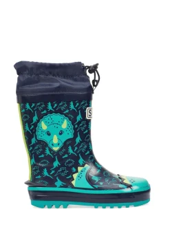 Laarzen*Start Rite - - Little Puddle - Regenlaarzen met dinosaurus en gestrikte bovenkant Blauw