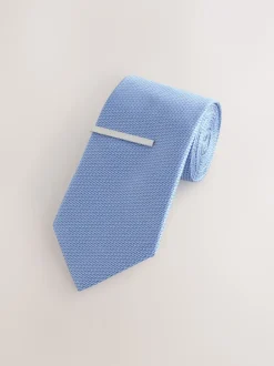 Stropdassen En Pochets|Next Blauw - Stropdas met textuur en dasspeld