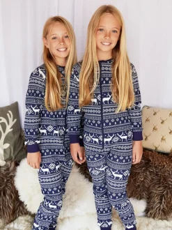 Nachtkleding En Pyjama's|Pyjama's|The Little Tailor - Kids Rendier kerstmis fair isle-patroon 100% katoen alles-in-één Blauw
