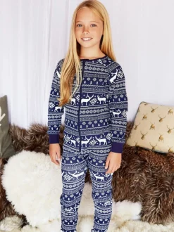 Nachtkleding En Pyjama's|Pyjama's|The Little Tailor - Kids Rendier kerstmis fair isle-patroon 100% katoen alles-in-één Blauw