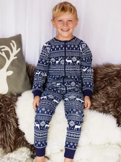 Nachtkleding En Pyjama's|Pyjama's|The Little Tailor - Kids Rendier kerstmis fair isle-patroon 100% katoen alles-in-één Blauw