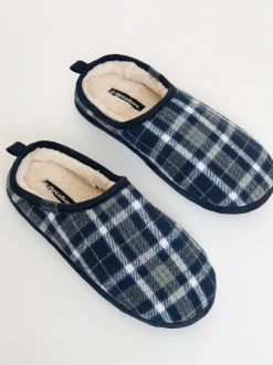 Pantoffels|Threadbare - Check Faux Fur Lined Mule Slippers Blauw