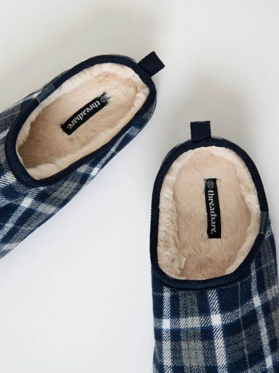 Pantoffels|Threadbare - Check Faux Fur Lined Mule Slippers Blauw