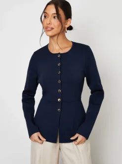 Gebreide Kleding|Threadbare - Cinched Knitted Button Up Cardigan Blauw