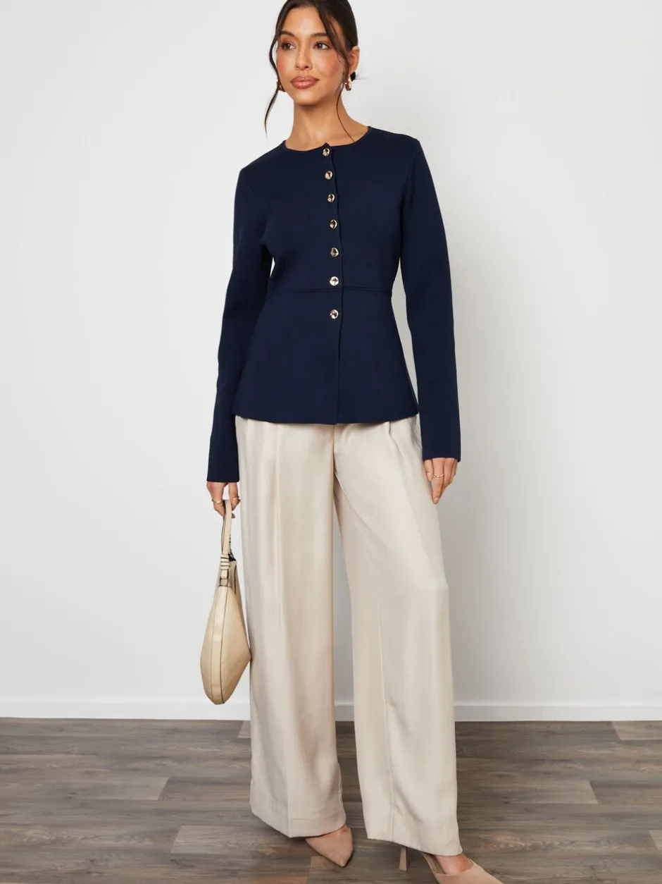 Gebreide Kleding|Threadbare - Cinched Knitted Button Up Cardigan Blauw