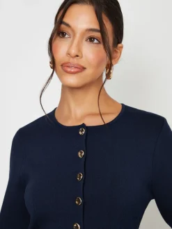 Gebreide Kleding|Threadbare - Cinched Knitted Button Up Cardigan Blauw