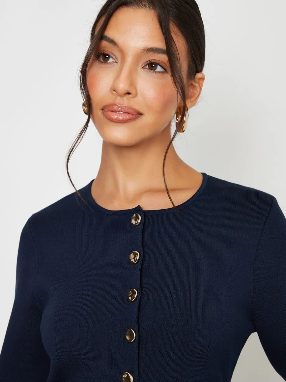 Gebreide Kleding|Threadbare - Cinched Knitted Button Up Cardigan Blauw