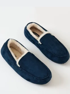 Pantoffels|Threadbare - Faux Suede Faux Fur Lined Moccasin Slippers Blauw