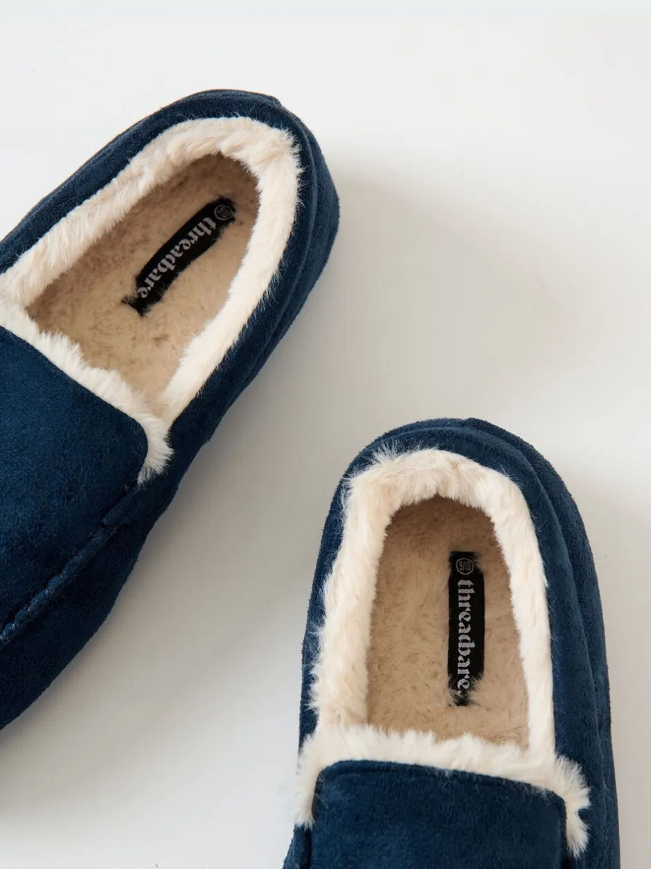 Pantoffels|Threadbare - Faux Suede Faux Fur Lined Moccasin Slippers Blauw