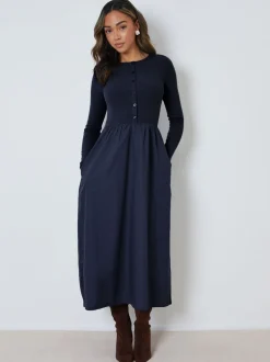 Jurken*Threadbare - 2-in-1 Jersey Poplin Mix Button Down Dress Blauw