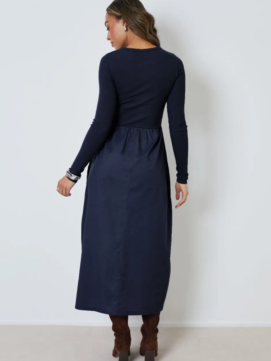 Jurken*Threadbare - 2-in-1 Jersey Poplin Mix Button Down Dress Blauw
