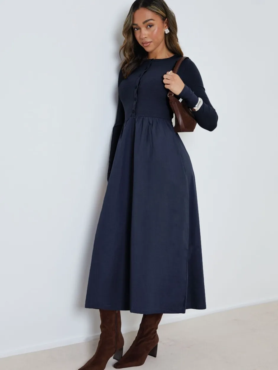 Jurken*Threadbare - 2-in-1 Jersey Poplin Mix Button Down Dress Blauw