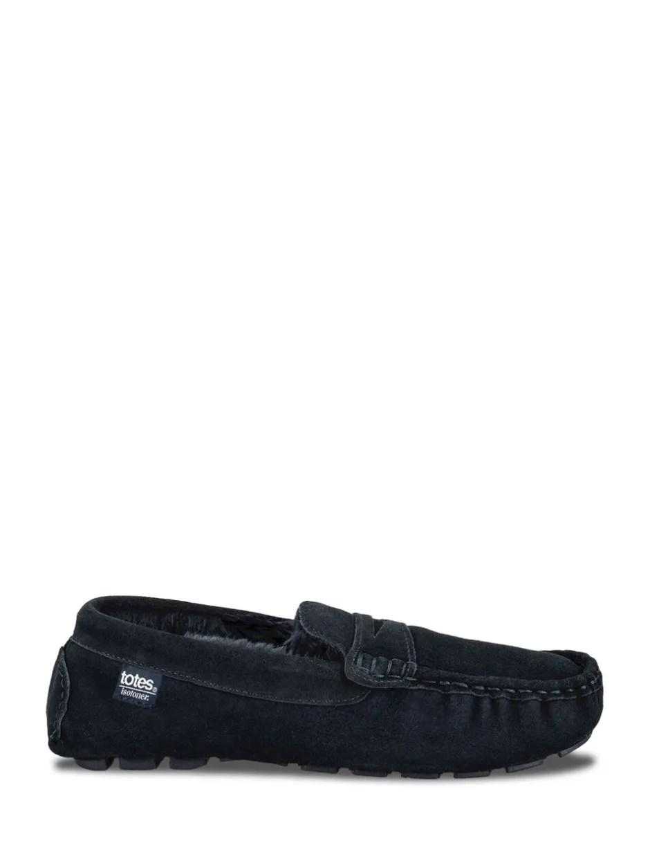 Pantoffels|Totes - Isotoner Mens Suede Moccasin With Water Repellency Blauw