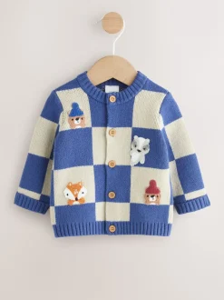 Truien En Breisels|Truien En Breisels*Next - Gebreid babyvest (0 mnd- 2 jr) Blauw geborduurd dambord Karakter