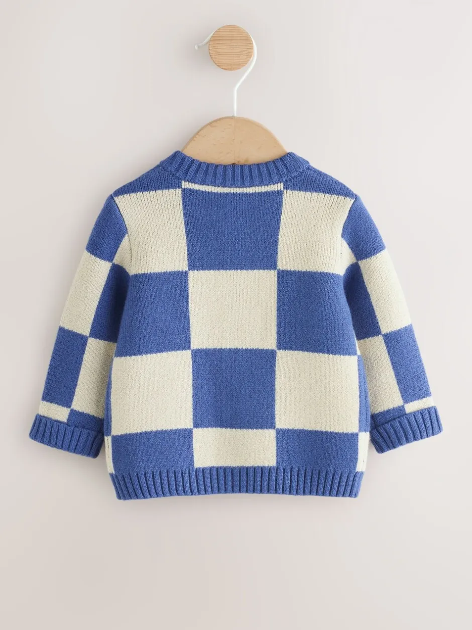 Truien En Breisels|Truien En Breisels*Next - Gebreid babyvest (0 mnd- 2 jr) Blauw geborduurd dambord Karakter