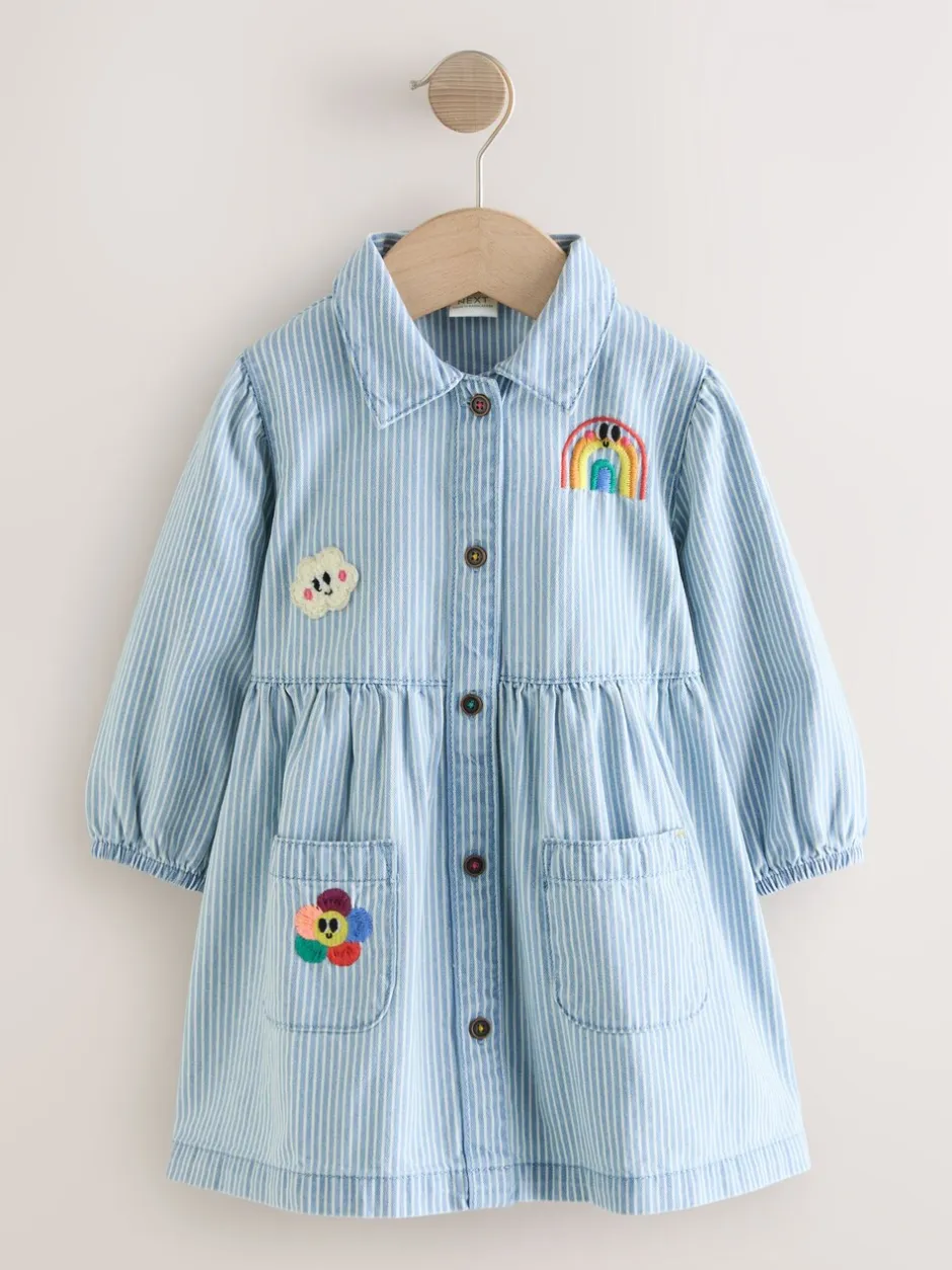 Jurken|Jurken|Next - Long Sleeve Cotton Dress (3mths-8yrs) Blauw gestreept