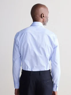Formele Overhemden|Next - Slim Fit Signature Single Cuff Texture Pima Cotton Shirt With Cutaway Collar Blauw gestreept