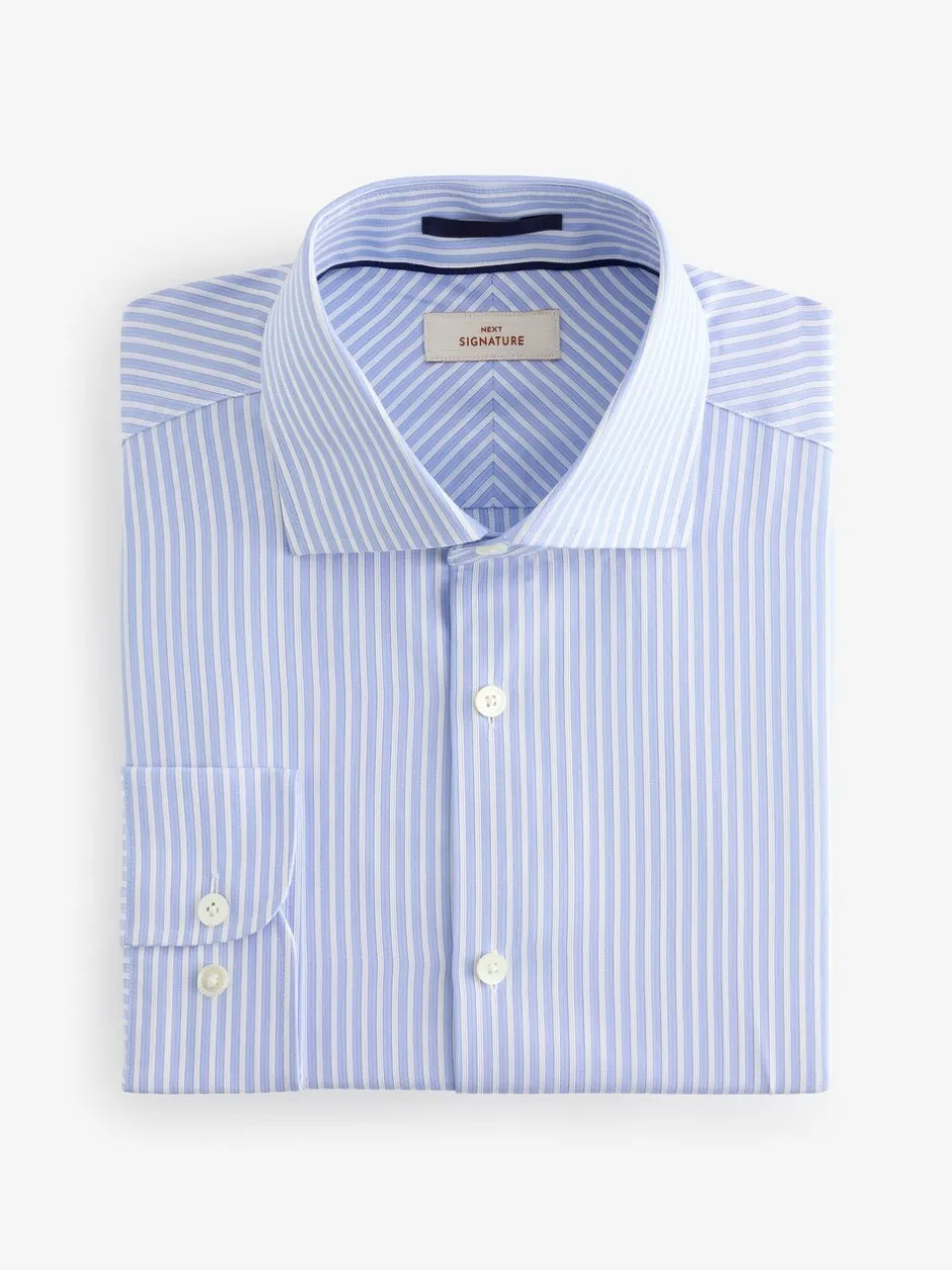 Formele Overhemden|Next - Slim Fit Signature Single Cuff Texture Pima Cotton Shirt With Cutaway Collar Blauw gestreept