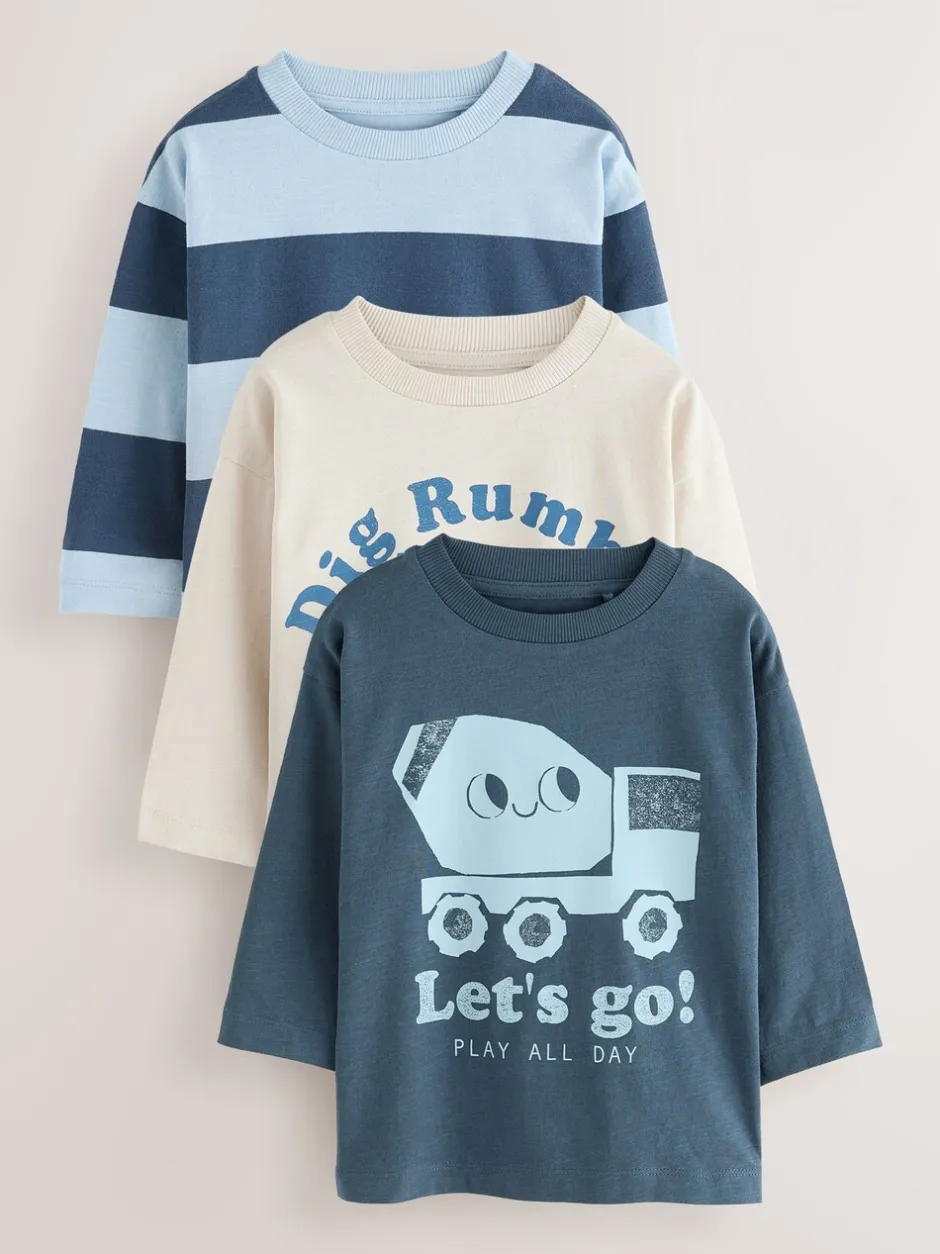 Tops|T-Shirts*Next Blauw graafmachine - Set van 3 T-shirts met grafische print en lange mouwen (3mnd-7jr)