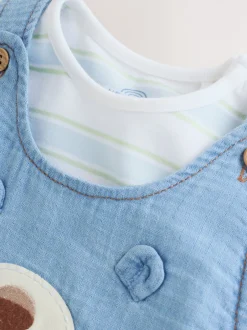 Rompertjes En Tuinbroeken|Next Blauw met beren - Woven Dungarees and Bodysuit Baby Set (0mths-2yrs)