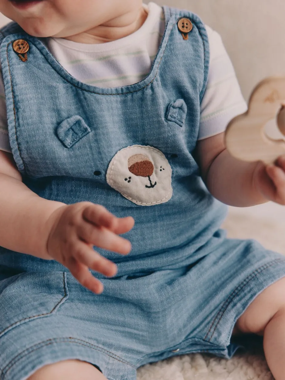 Rompertjes En Tuinbroeken|Next Blauw met beren - Woven Dungarees and Bodysuit Baby Set (0mths-2yrs)