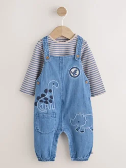 Sets En Combisets|Rompertjes En Tuinbroeken*Next - Babyset van denim bretelbroeken en bodysuit (0 mnd - 2 jr) Blauw met dinosaurus