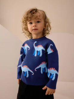 Truien En Breisels|Next Blauw met dinosaurus - Gebreide trui met ronde hals (3 mnd - 7 jr)