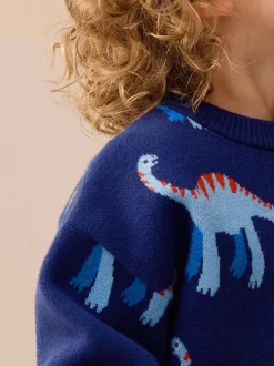 Truien En Breisels|Next Blauw met dinosaurus - Gebreide trui met ronde hals (3 mnd - 7 jr)