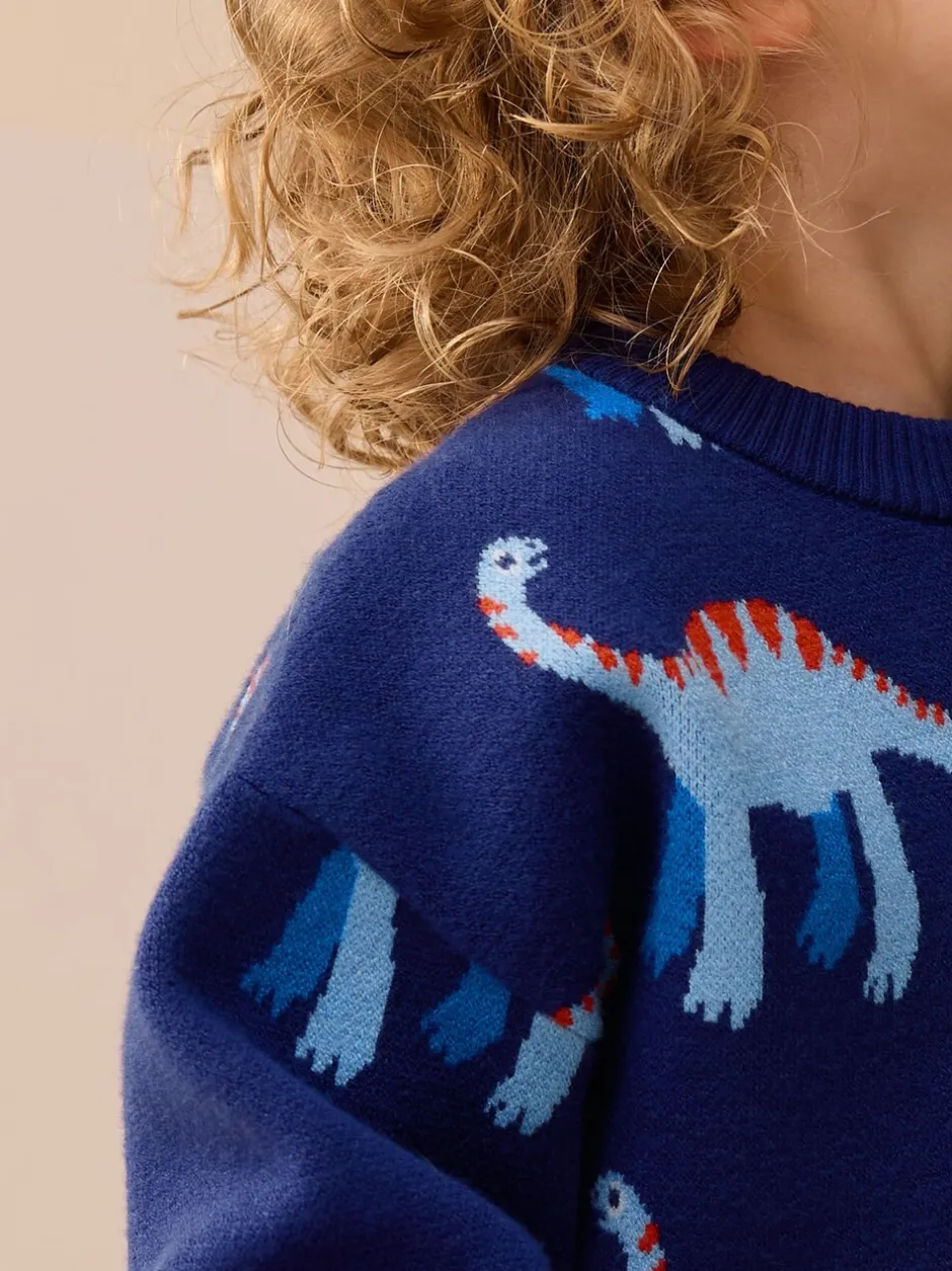 Truien En Breisels|Next Blauw met dinosaurus - Gebreide trui met ronde hals (3 mnd - 7 jr)