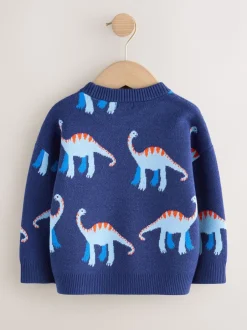 Truien En Breisels|Next Blauw met dinosaurus - Gebreide trui met ronde hals (3 mnd - 7 jr)