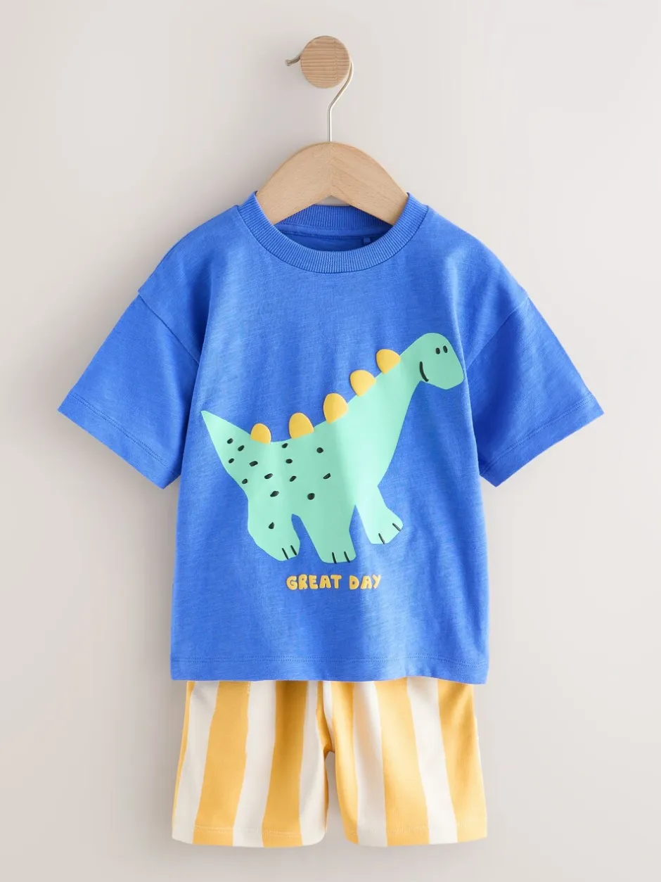 Shorts|Next - Set van T-shirt met korte mouwen en short (3 mnd-7 jr) Blauw met dinosaurus