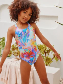 Badkleding|Badkleding|Next Blauw met golvende print - Badpak met dubbele bandjes (3-16jr)